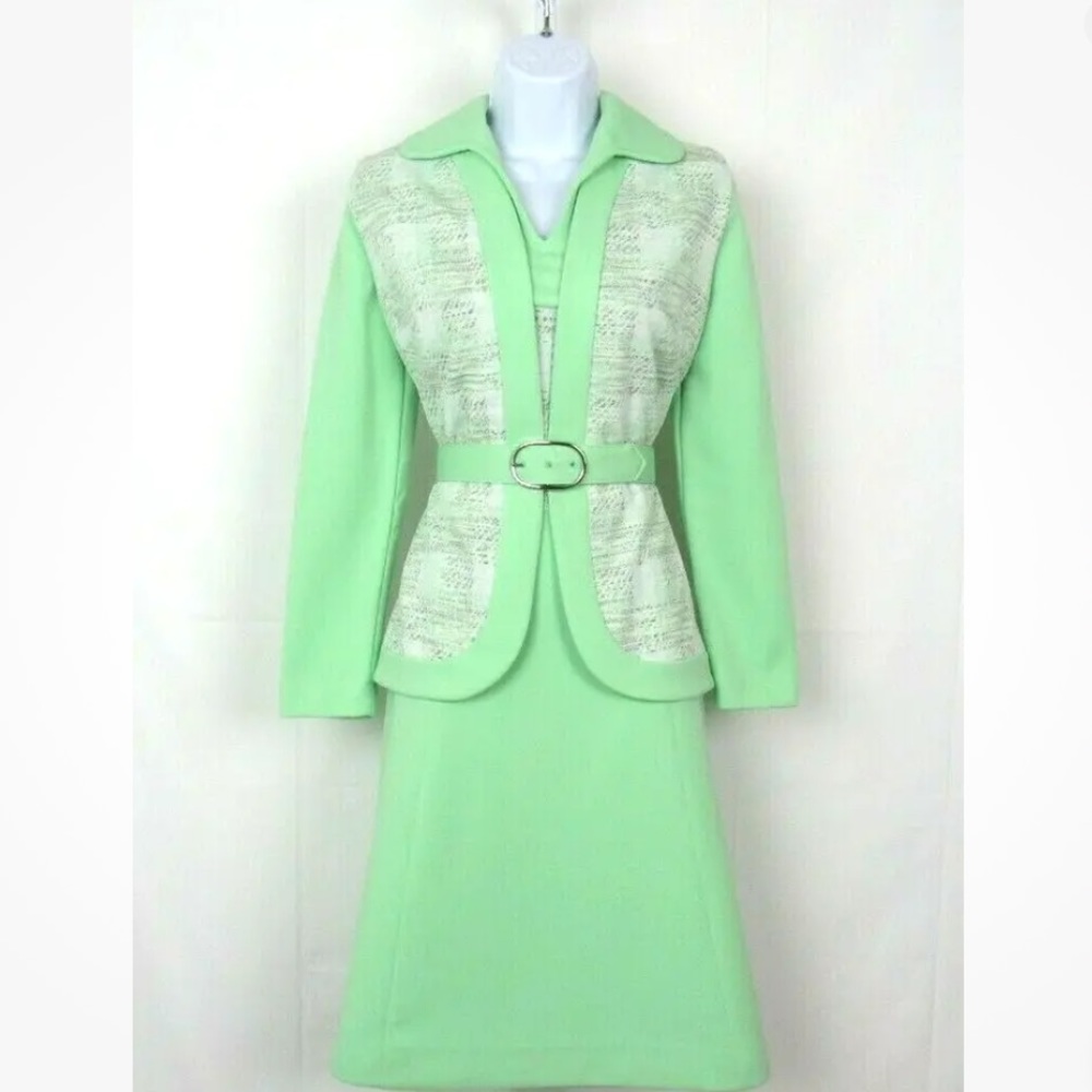Vintage 1960s MOD EMPRESS OF DALLAS DRESS VEST & BELT LIGHT GREEN MULTI-COLOR